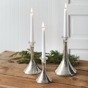 Three Silver Mercury Glass Taper Candle Holders - Cottage and Thistle